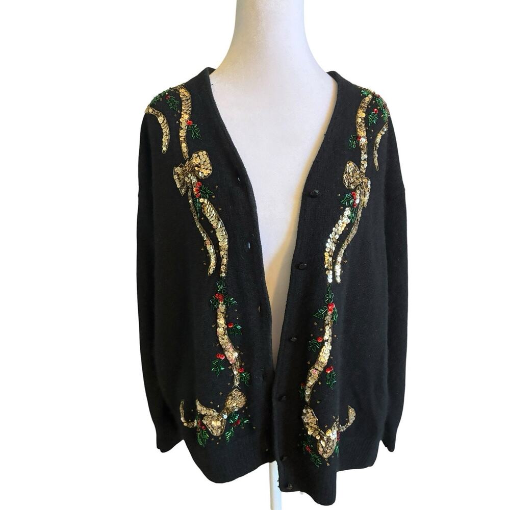 VTG 90s Black Silk Christmas Cardigan Sequin Beaded Jewels Luxury Plus Sz 2X - Picture 16 of 16